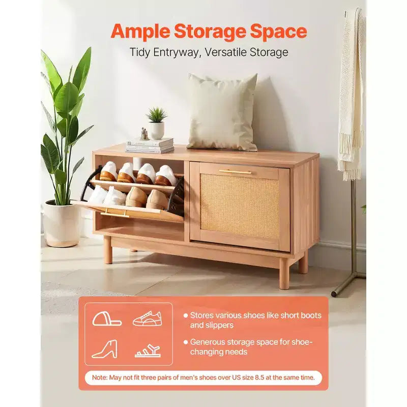 Banc à chaussures pour entrée, banc imitation rotin de 39.4 x 11.8 x 20.9 pouces avec 2 tiroirs basculants, rangement à chaussures de 300 lb avec 4 compartiments, marron