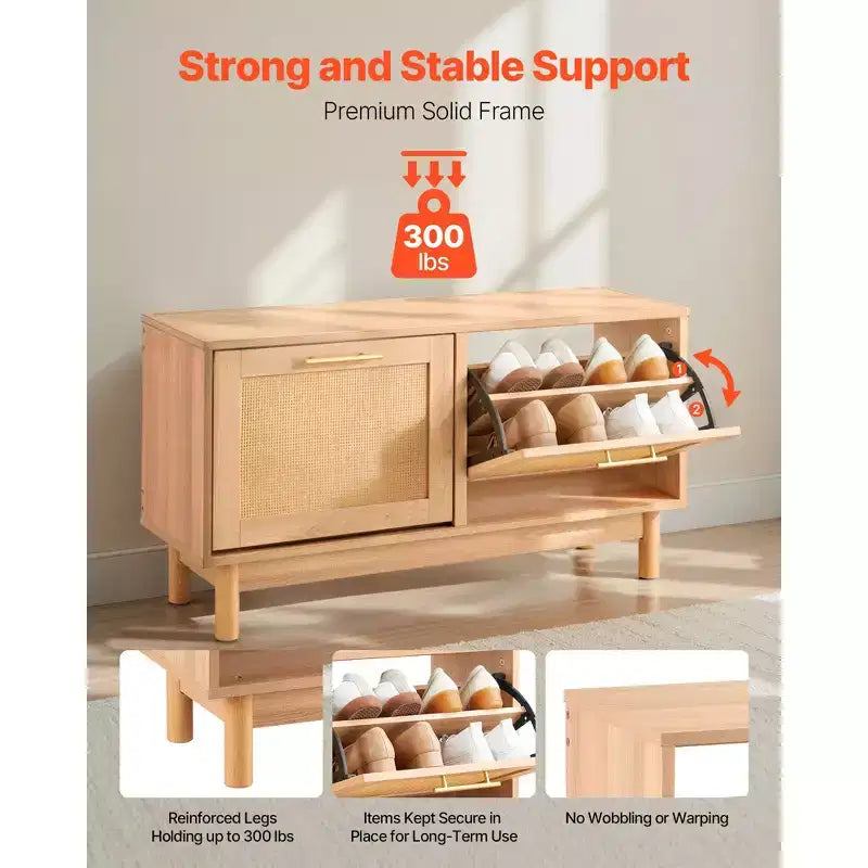 Banc à chaussures pour entrée, banc imitation rotin de 39.4 x 11.8 x 20.9 pouces avec 2 tiroirs basculants, rangement à chaussures de 300 lb avec 4 compartiments, marron