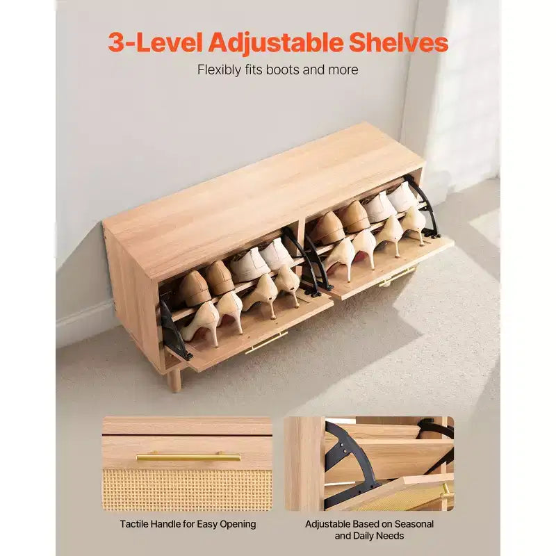 Banc à chaussures pour entrée, banc imitation rotin de 39.4 x 11.8 x 20.9 pouces avec 2 tiroirs basculants, rangement à chaussures de 300 lb avec 4 compartiments, marron