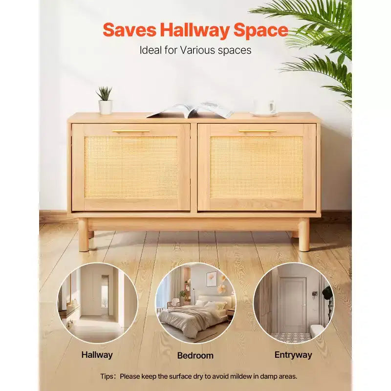 Banc à chaussures pour entrée, banc imitation rotin de 39.4 x 11.8 x 20.9 pouces avec 2 tiroirs basculants, rangement à chaussures de 300 lb avec 4 compartiments, marron