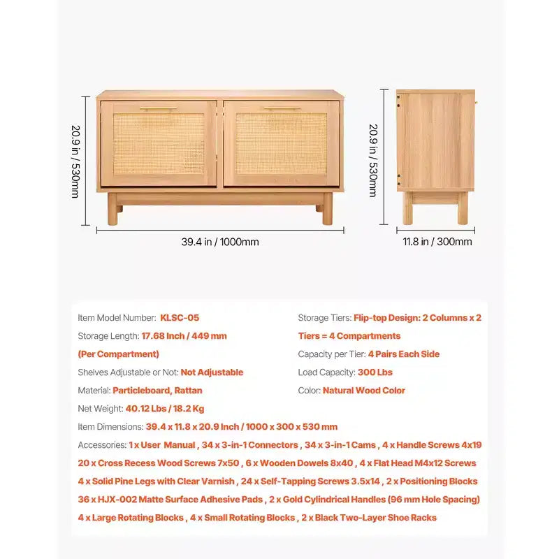 Banc à chaussures pour entrée, banc imitation rotin de 39.4 x 11.8 x 20.9 pouces avec 2 tiroirs basculants, rangement à chaussures de 300 lb avec 4 compartiments, marron