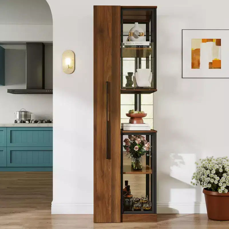 Vitrine rustique en bois de 70 avec portes vitrées et éclairage