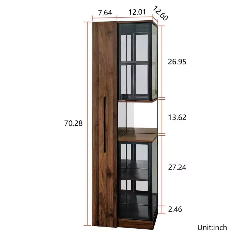 Vitrine rustique en bois de 70 avec portes vitrées et éclairage