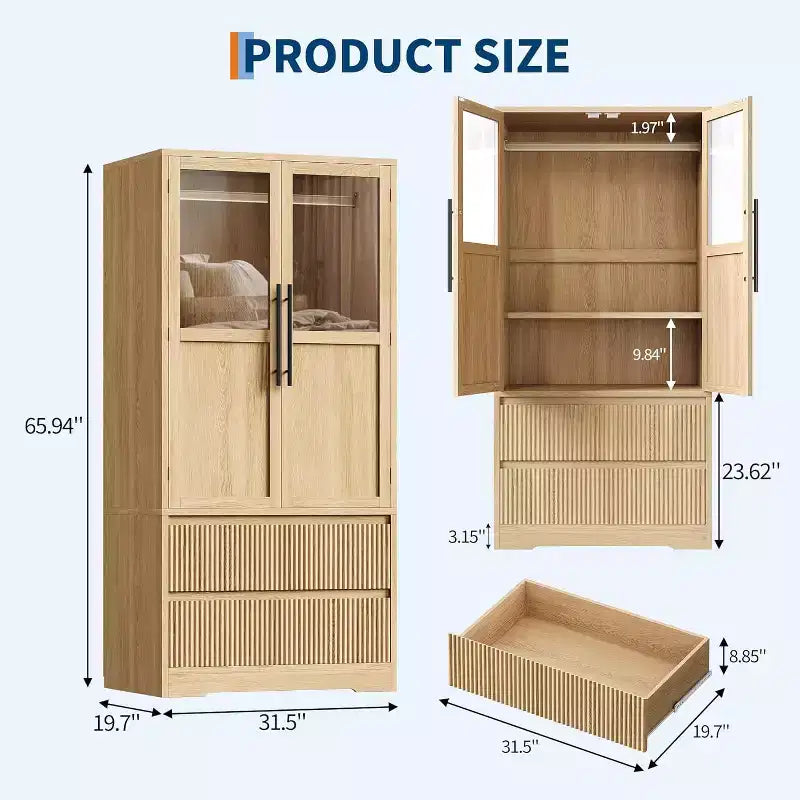 Armoire-penderie en bois naturel avec portes vitrées - 2 tiroirs et tringle - 31.5W x 65.9H - placard autoportant pour le rangement de la chambre