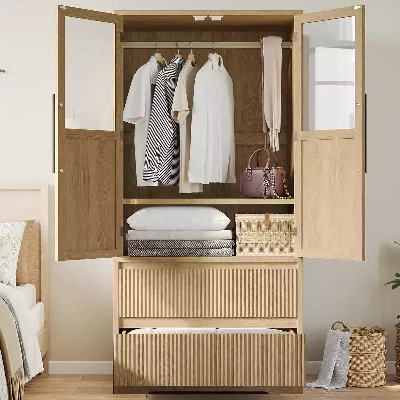 Armoire-penderie en bois naturel avec portes vitrées - 2 tiroirs et tringle - 31.5W x 65.9H - placard autoportant pour le rangement de la chambre