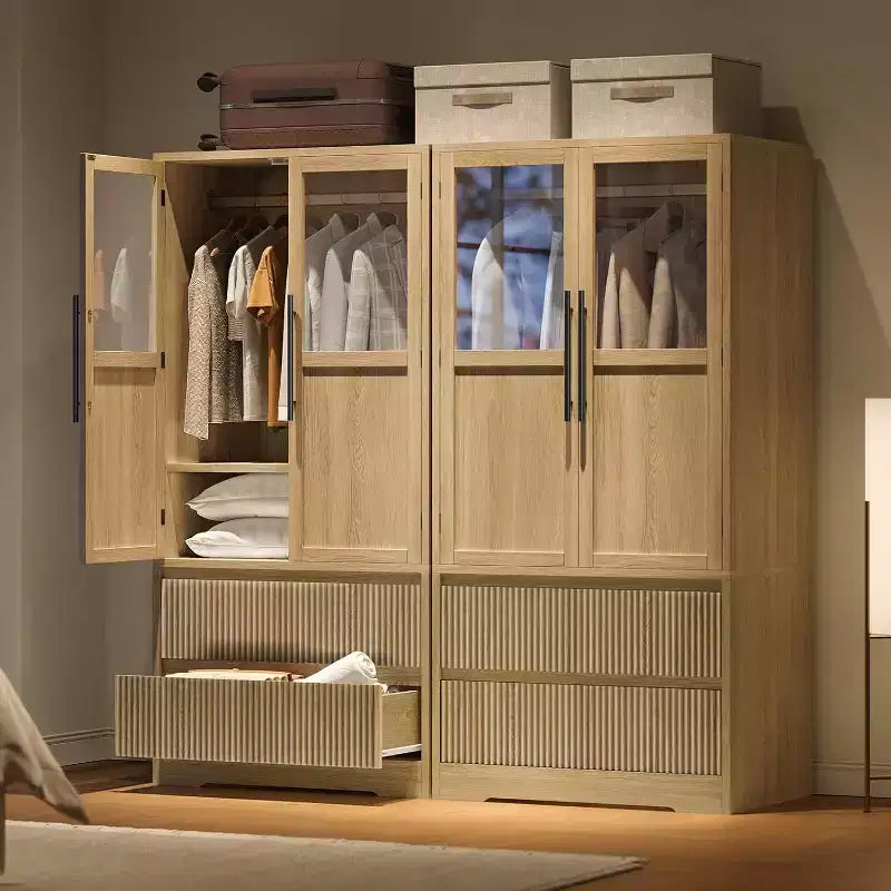 Armoire-penderie en bois naturel avec portes vitrées - 2 tiroirs et tringle - 31.5W x 65.9H - placard autoportant pour le rangement de la chambre