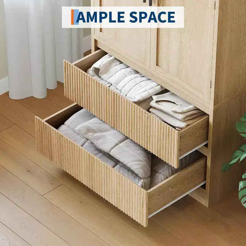 Armario ropero de madera natural con puertas de vidrio - 2 cajones y barra para colgar - 31.5W x 65.9H - clóset independiente para almacenamiento en el dormitorio