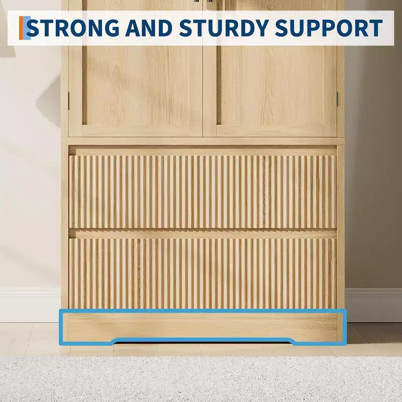 Armario ropero de madera natural con puertas de vidrio - 2 cajones y barra para colgar - 31.5W x 65.9H - clóset independiente para almacenamiento en el dormitorio