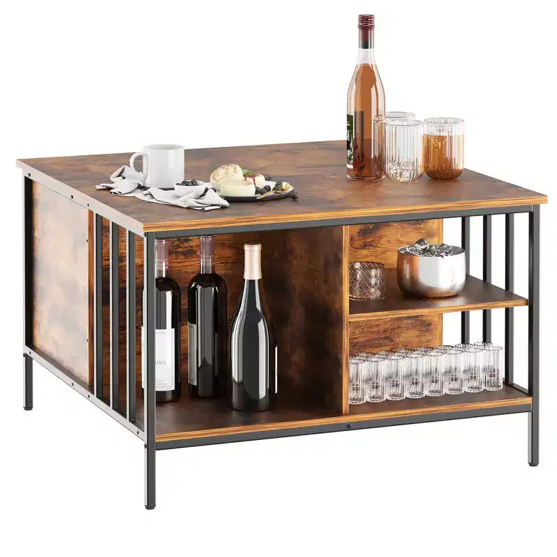 Table basse champêtre à plateau relevable et hauteur réglable, compartiment dissimulé et 3 étagères pour le salon