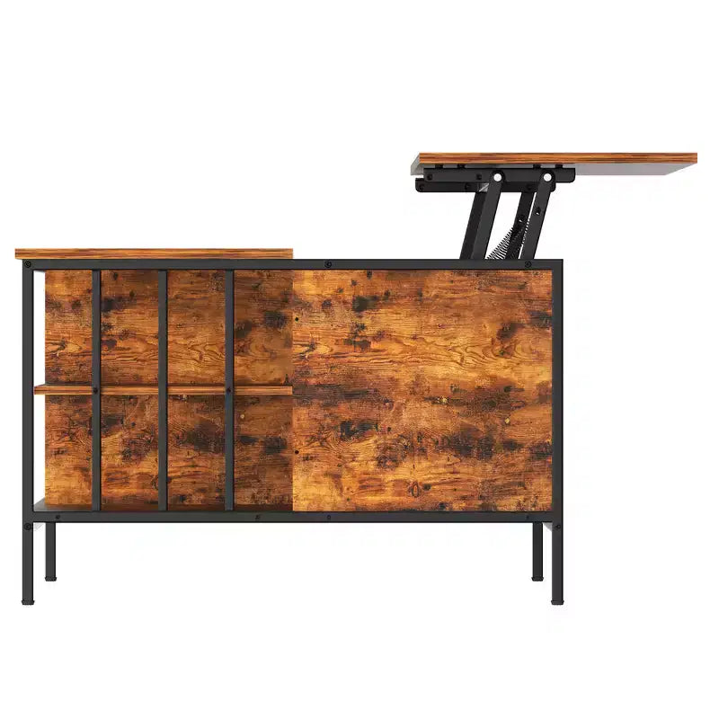 Table basse champêtre à plateau relevable et hauteur réglable, compartiment dissimulé et 3 étagères pour le salon