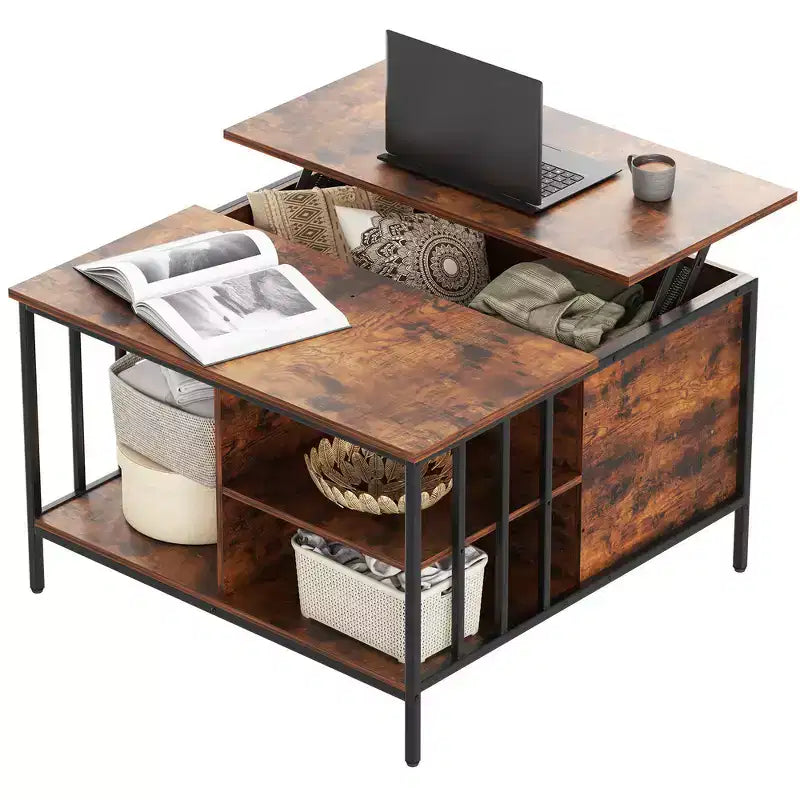 Table basse champêtre à plateau relevable et hauteur réglable, compartiment dissimulé et 3 étagères pour le salon