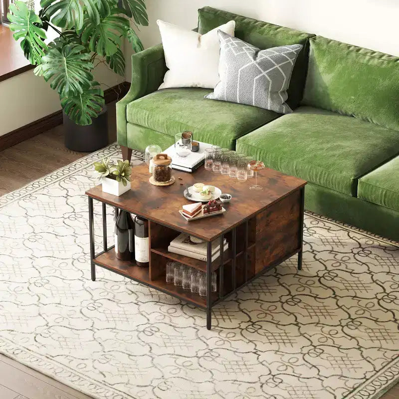 Table basse champêtre à plateau relevable et hauteur réglable, compartiment dissimulé et 3 étagères pour le salon