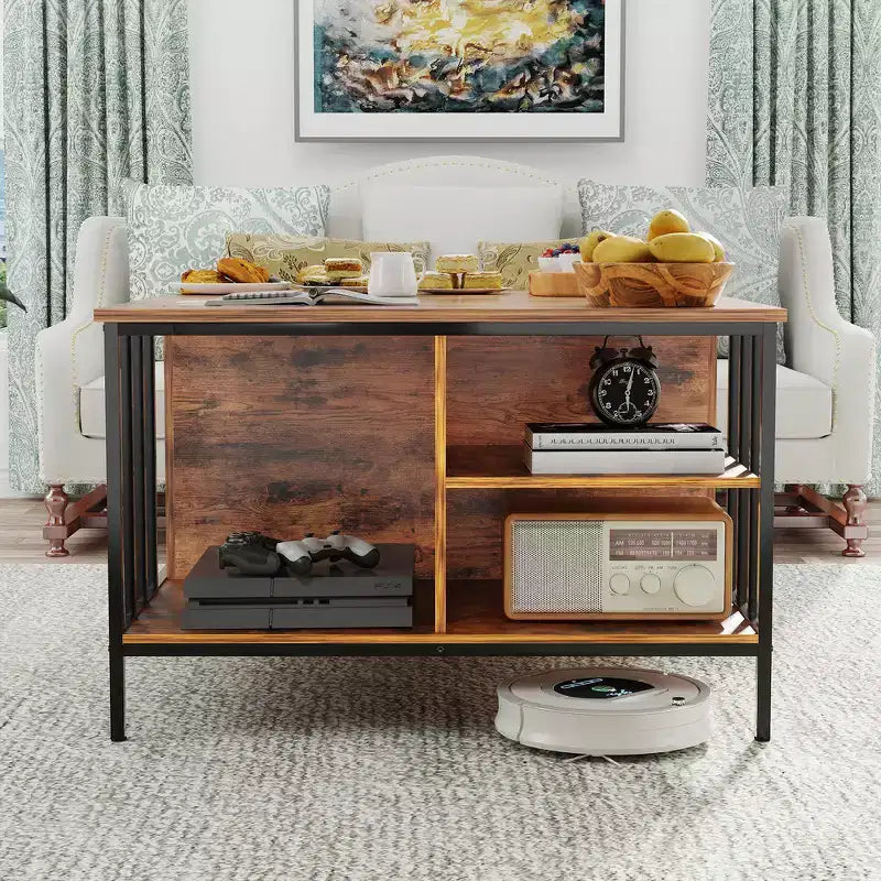 Table basse champêtre à plateau relevable et hauteur réglable, compartiment dissimulé et 3 étagères pour le salon