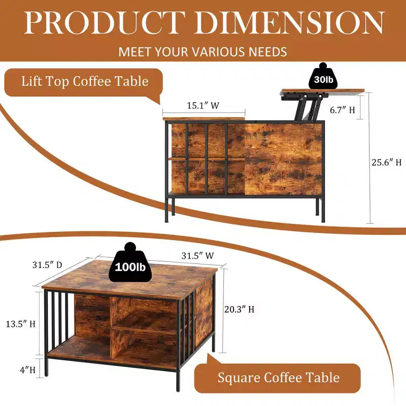 Table basse champêtre à plateau relevable et hauteur réglable, compartiment dissimulé et 3 étagères pour le salon
