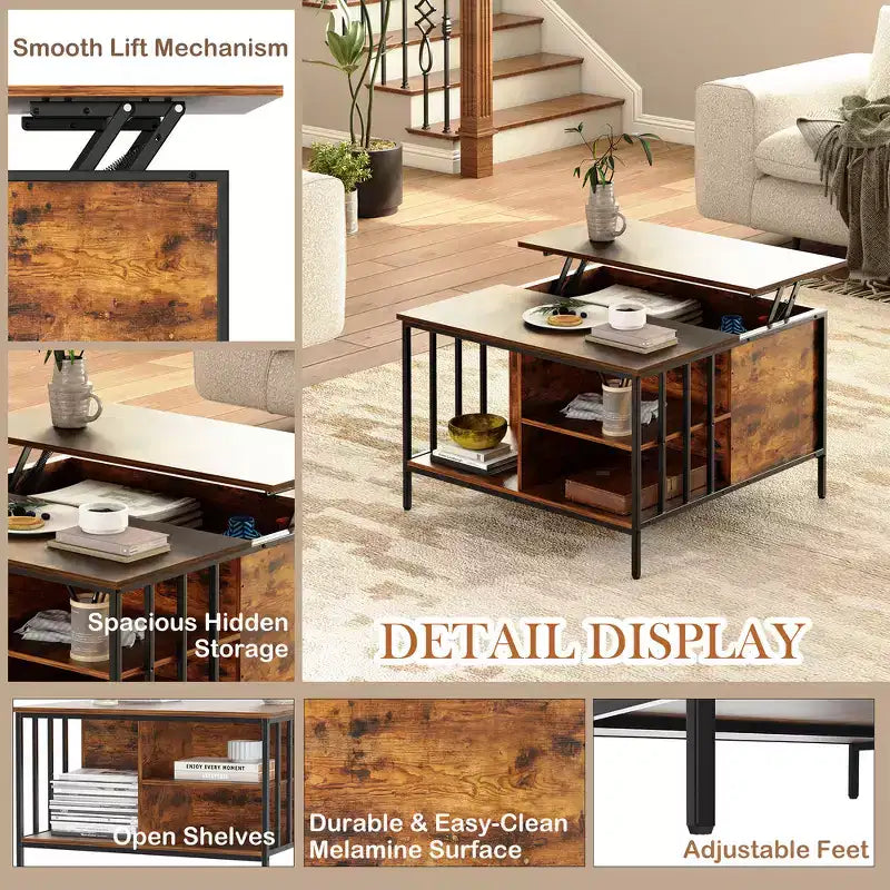 Table basse champêtre à plateau relevable et hauteur réglable, compartiment dissimulé et 3 étagères pour le salon
