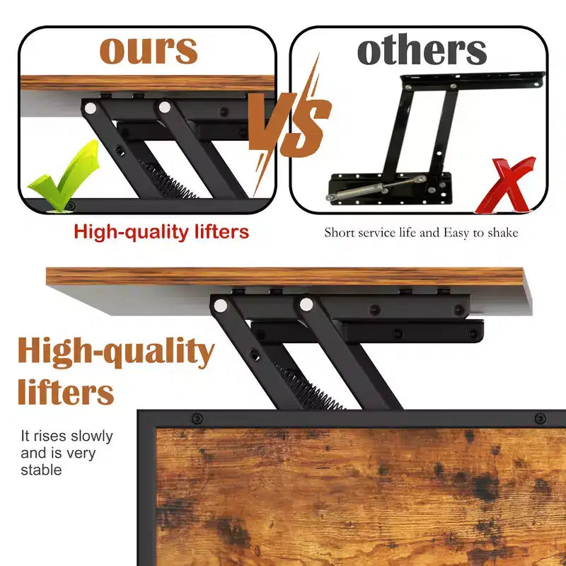 Table basse champêtre à plateau relevable et hauteur réglable, compartiment dissimulé et 3 étagères pour le salon