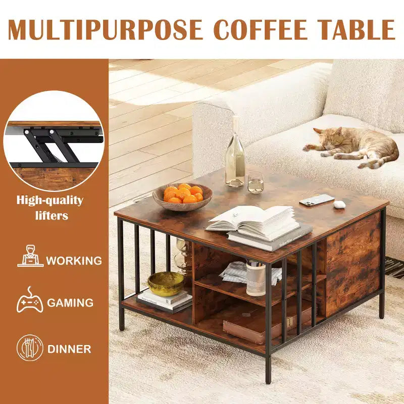 Table basse champêtre à plateau relevable et hauteur réglable, compartiment dissimulé et 3 étagères pour le salon