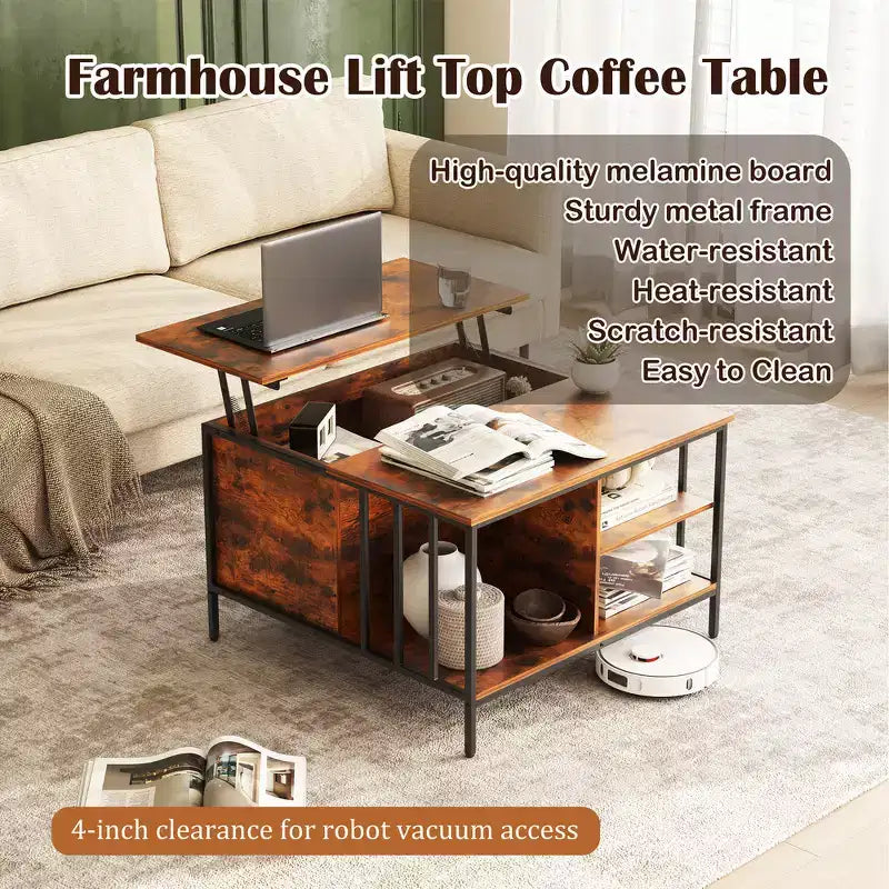 Table basse champêtre à plateau relevable et hauteur réglable, compartiment dissimulé et 3 étagères pour le salon