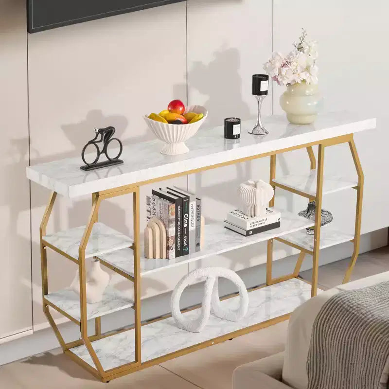 Mesa consola de mármol, consola moderna de 3 niveles para almacenamiento abierto, mesa dorada geométrica con tubos de hierro, dispositivo antivuelco, dorado