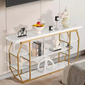 Mesa consola de mármol, consola moderna de 3 niveles para almacenamiento abierto, mesa dorada geométrica con tubos de hierro, dispositivo antivuelco, dorado