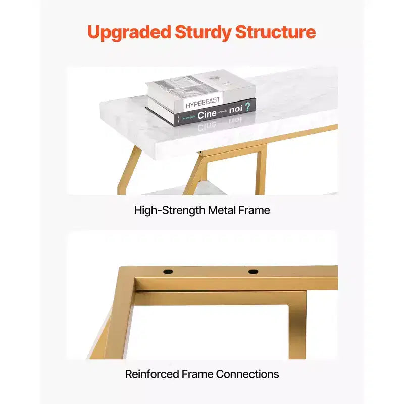 Console en marbre à 3 niveaux, moderne avec rangement ouvert, table dorée géométrique avec tubes en fer, dispositif anti-basculement, dorée