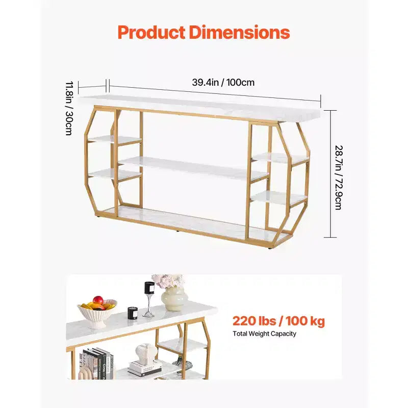 Mesa consola de mármol, consola moderna de 3 niveles para almacenamiento abierto, mesa dorada geométrica con tubos de hierro, dispositivo antivuelco, dorado