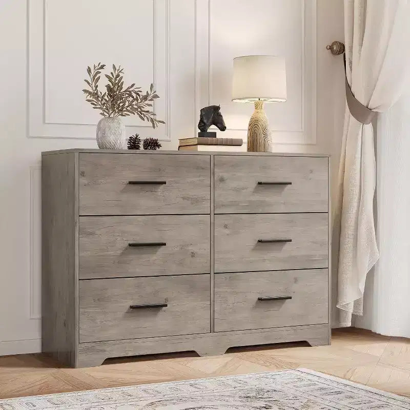 Commode à 6 tiroirs, meuble moderne avec poignées en métal, meuble TV en bois et organisateur de rangement pour chambre et salon
