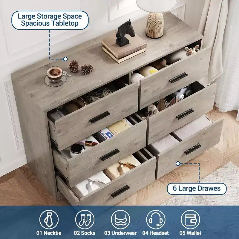 Commode à 6 tiroirs, meuble moderne avec poignées en métal, meuble TV en bois et organisateur de rangement pour chambre et salon