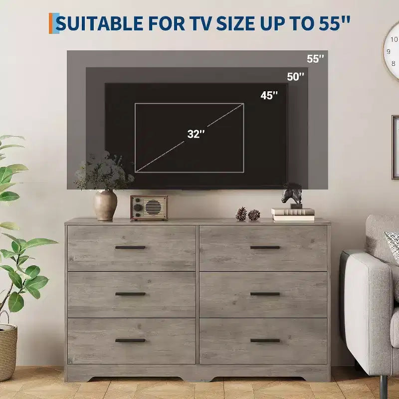 Commode à 6 tiroirs, meuble moderne avec poignées en métal, meuble TV en bois et organisateur de rangement pour chambre et salon