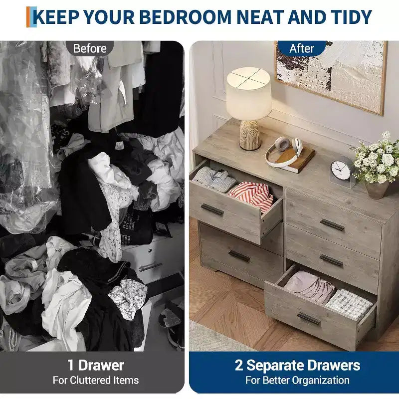 Commode à 6 tiroirs, meuble moderne avec poignées en métal, meuble TV en bois et organisateur de rangement pour chambre et salon