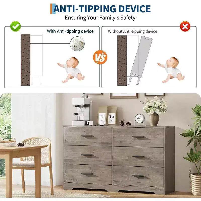 Commode à 6 tiroirs, meuble moderne avec poignées en métal, meuble TV en bois et organisateur de rangement pour chambre et salon