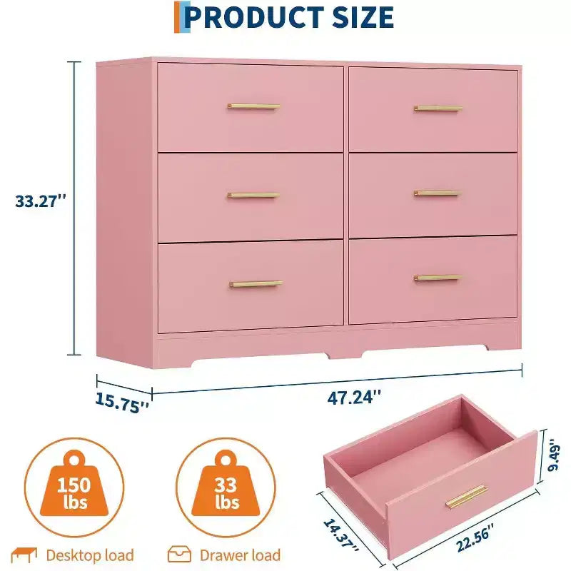 Commode à 6 tiroirs, meuble moderne avec poignées en métal, meuble TV en bois et organisateur de rangement pour chambre et salon