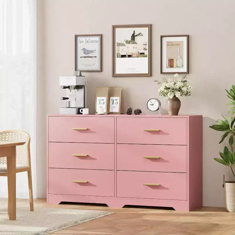 Commode à 6 tiroirs, meuble moderne avec poignées en métal, meuble TV en bois et organisateur de rangement pour chambre et salon