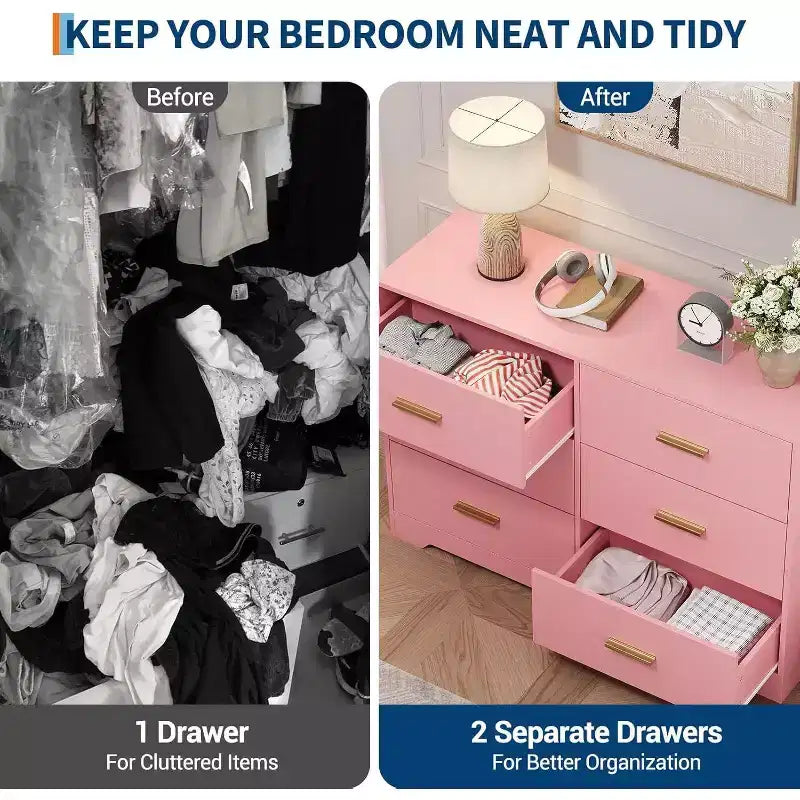Commode à 6 tiroirs, meuble moderne avec poignées en métal, meuble TV en bois et organisateur de rangement pour chambre et salon