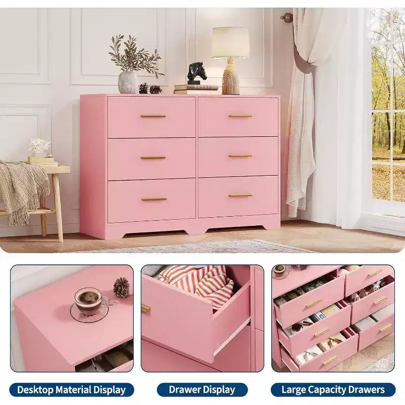 Commode à 6 tiroirs, meuble moderne avec poignées en métal, meuble TV en bois et organisateur de rangement pour chambre et salon