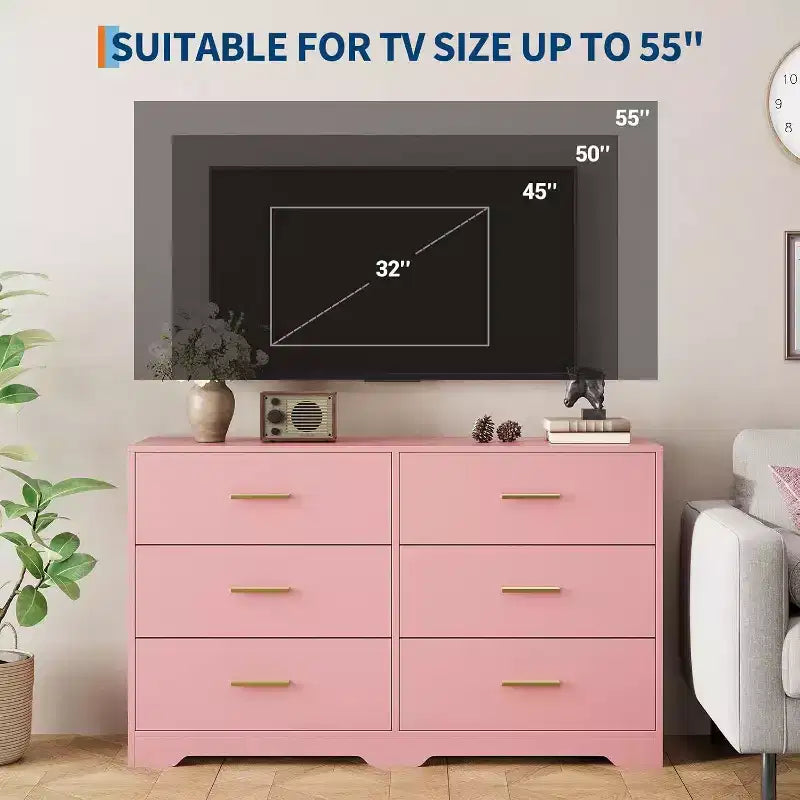 Commode à 6 tiroirs, meuble moderne avec poignées en métal, meuble TV en bois et organisateur de rangement pour chambre et salon