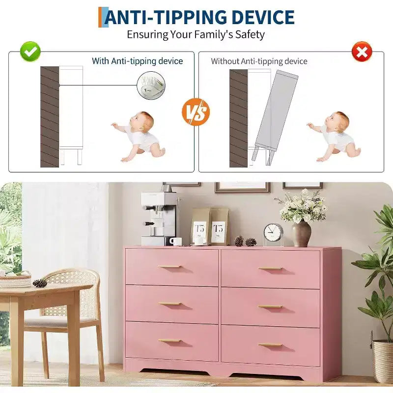 Commode à 6 tiroirs, meuble moderne avec poignées en métal, meuble TV en bois et organisateur de rangement pour chambre et salon