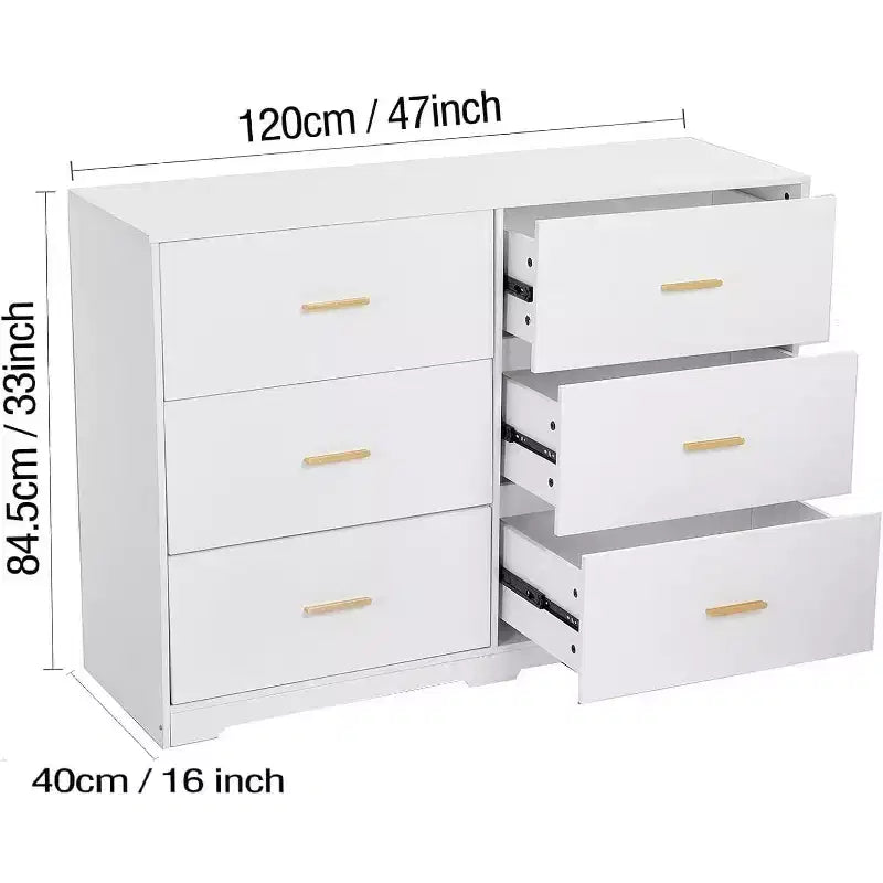 Commode à 6 tiroirs, meuble moderne avec poignées en métal, meuble TV en bois et organisateur de rangement pour chambre et salon