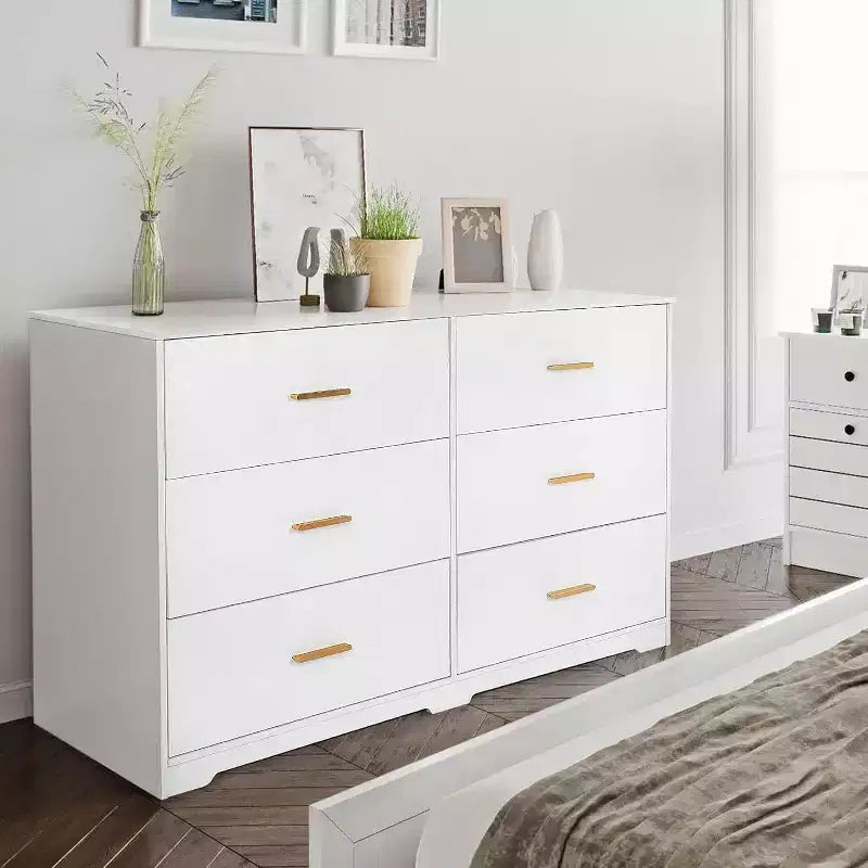 Commode à 6 tiroirs, meuble moderne avec poignées en métal, meuble TV en bois et organisateur de rangement pour chambre et salon
