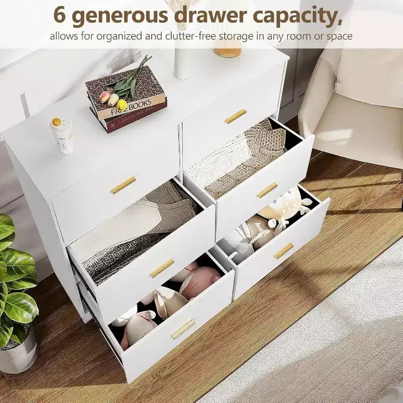 Commode à 6 tiroirs, meuble moderne avec poignées en métal, meuble TV en bois et organisateur de rangement pour chambre et salon