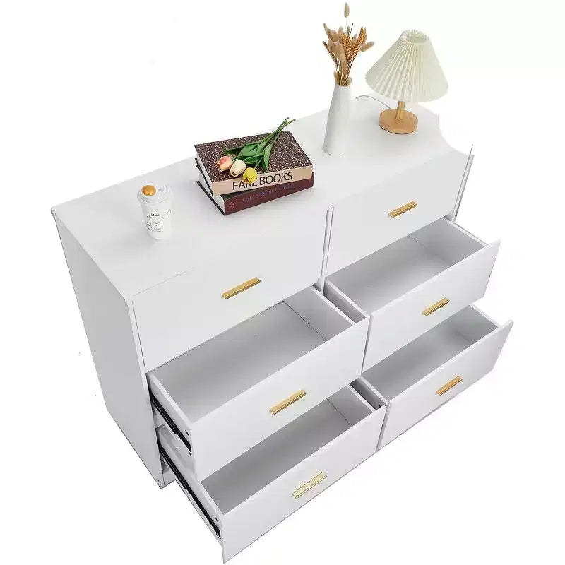 Commode à 6 tiroirs, meuble moderne avec poignées en métal, meuble TV en bois et organisateur de rangement pour chambre et salon