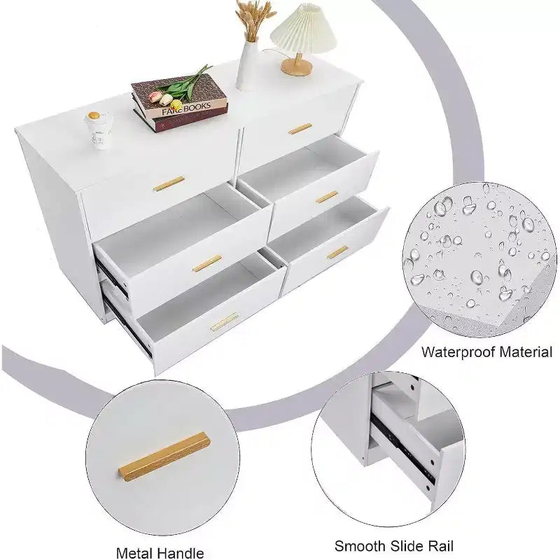 Commode à 6 tiroirs, meuble moderne avec poignées en métal, meuble TV en bois et organisateur de rangement pour chambre et salon