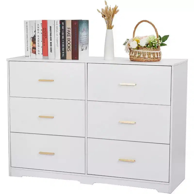 Commode à 6 tiroirs, meuble moderne avec poignées en métal, meuble TV en bois et organisateur de rangement pour chambre et salon