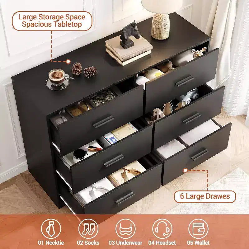Commode à 6 tiroirs, meuble moderne avec poignées en métal, meuble TV en bois et organisateur de rangement pour chambre et salon