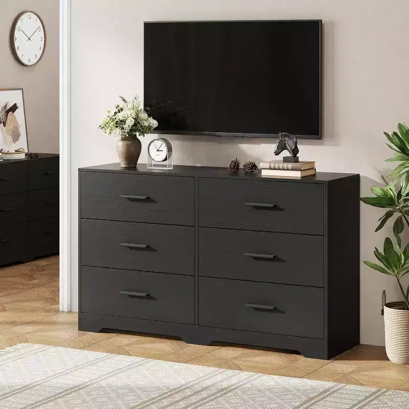 Commode à 6 tiroirs, meuble moderne avec poignées en métal, meuble TV en bois et organisateur de rangement pour chambre et salon