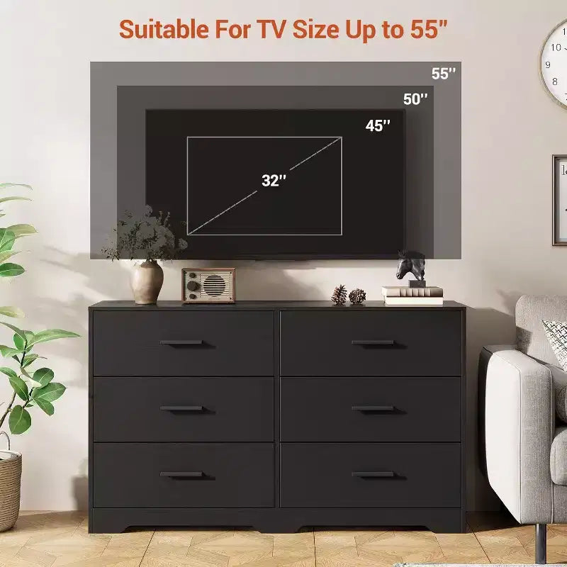 Commode à 6 tiroirs, meuble moderne avec poignées en métal, meuble TV en bois et organisateur de rangement pour chambre et salon