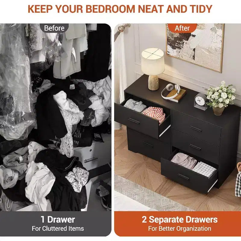 Commode à 6 tiroirs, meuble moderne avec poignées en métal, meuble TV en bois et organisateur de rangement pour chambre et salon