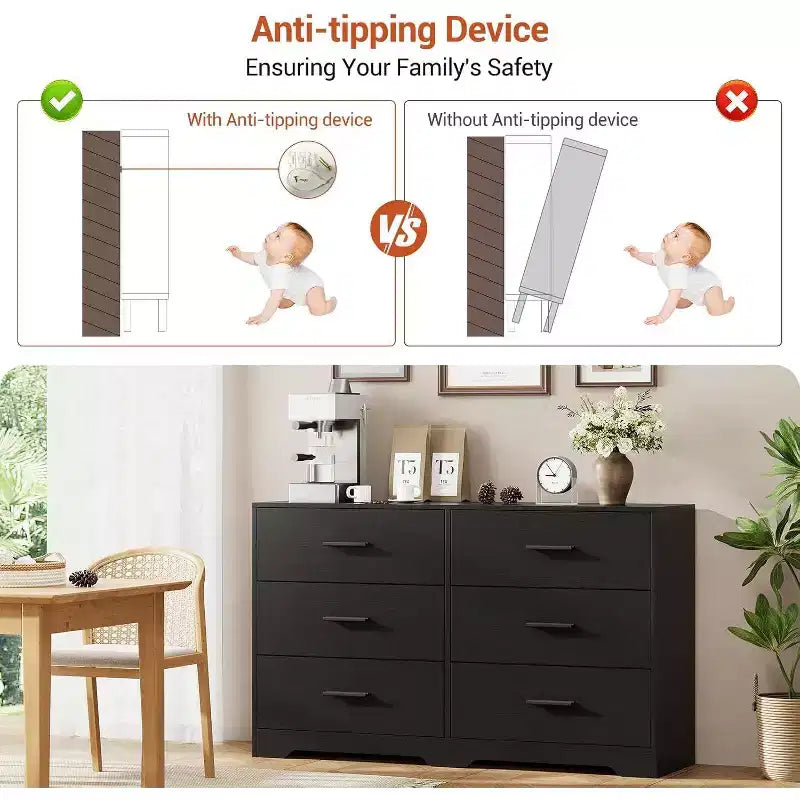 Commode à 6 tiroirs, meuble moderne avec poignées en métal, meuble TV en bois et organisateur de rangement pour chambre et salon