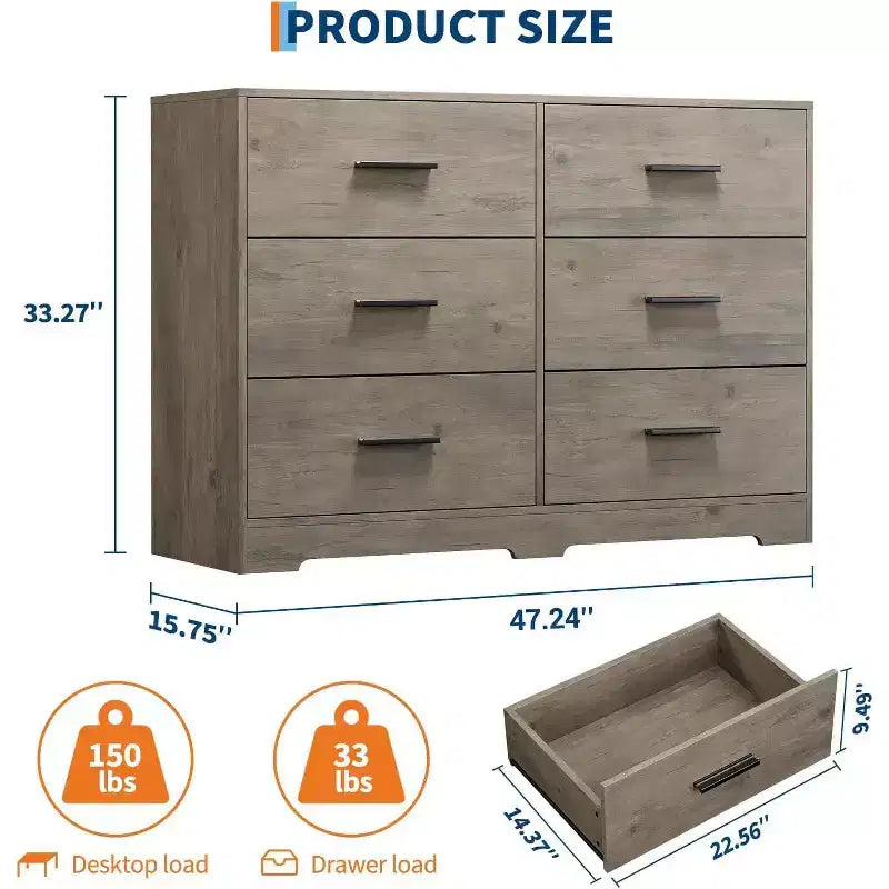 Commode à 6 tiroirs, meuble moderne avec poignées en métal, meuble TV en bois et organisateur de rangement pour chambre et salon