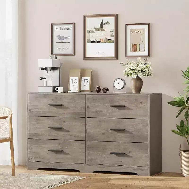 Commode à 6 tiroirs, meuble moderne avec poignées en métal, meuble TV en bois et organisateur de rangement pour chambre et salon